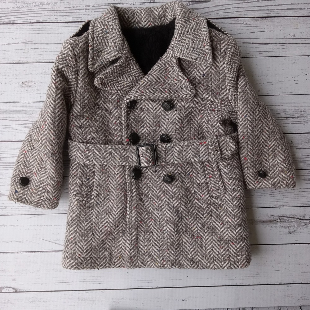 Lake Placid Vintage Herringbone Belted Trench Overcoat Kids Sz. 3 Holiday Dress